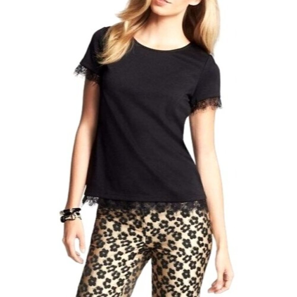 Sandro Black Crew Neck Short Sleeve Lace Trim Exposed Zipper Blouse Size 0